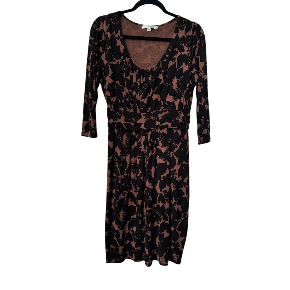 Boden Dress Size 12R Brown Black Floral Print Ruched Waist Jersey Scoop Neck